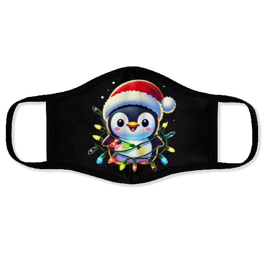 Festive Penguin Wrapped in Christmas Lights & Sant Face Masks