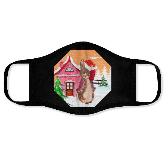A rabbit walking on Christmas Day Face Masks