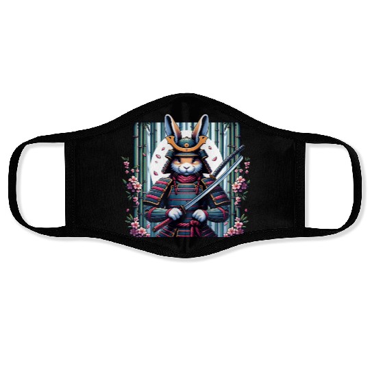 Samurai Rabbit with Katana and Cherry Blossoms Face Masks