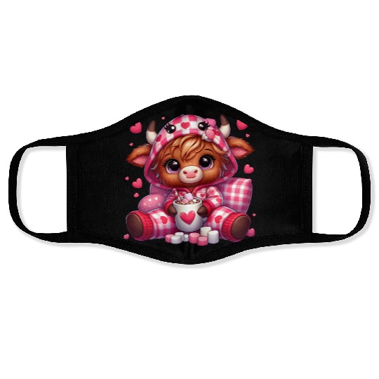 Cute cartoon valentines highland cow Face Masks