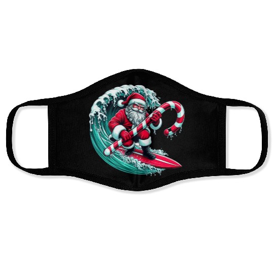 Santa Surfing Candy Cane Wave - Christmas Gifts Face Masks