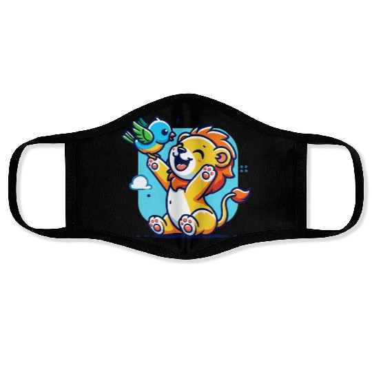 cute lion cub playing with a colorful bird Face Masks