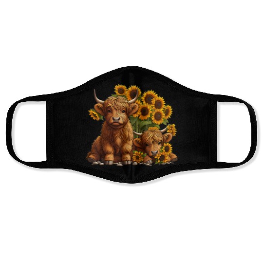 Cute Scottish Highland Cow Sunflower Farmer Face Masks