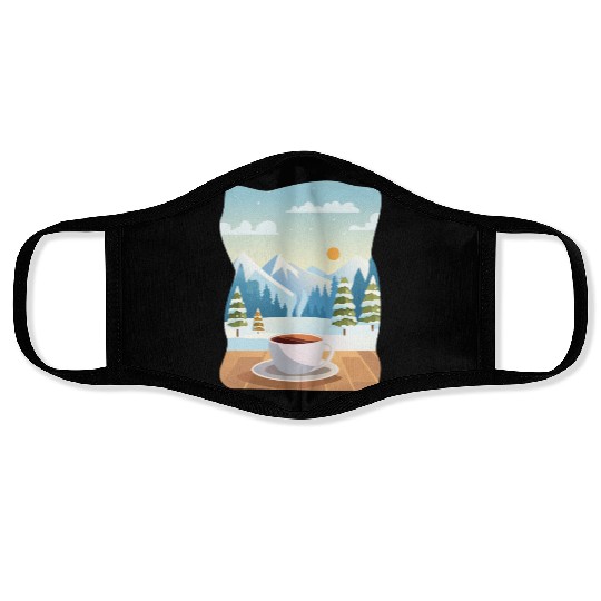 Coffee Cup and Winter Mountain View Face Masks