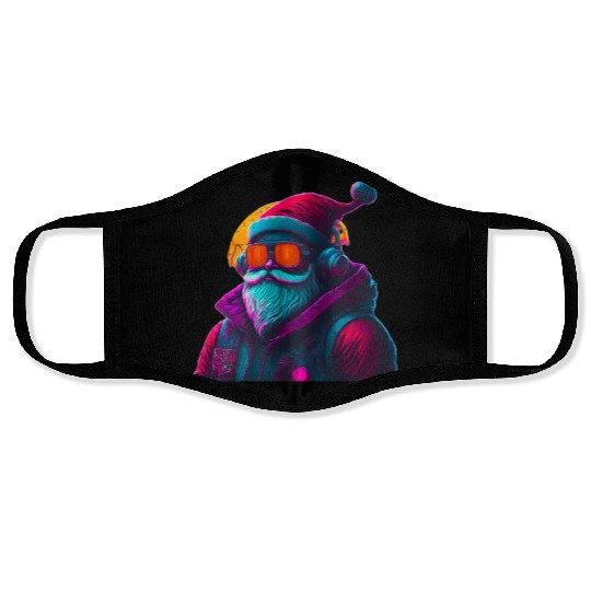 Retro Cool Santa Claus with Headphones Neon Colors Face Masks