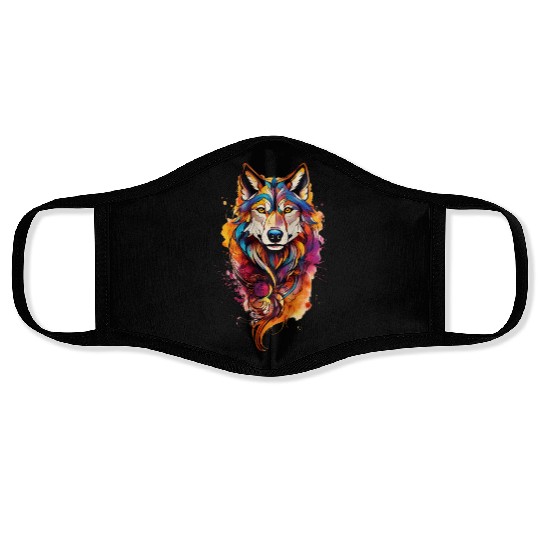 Colored wolf dog Face Masks