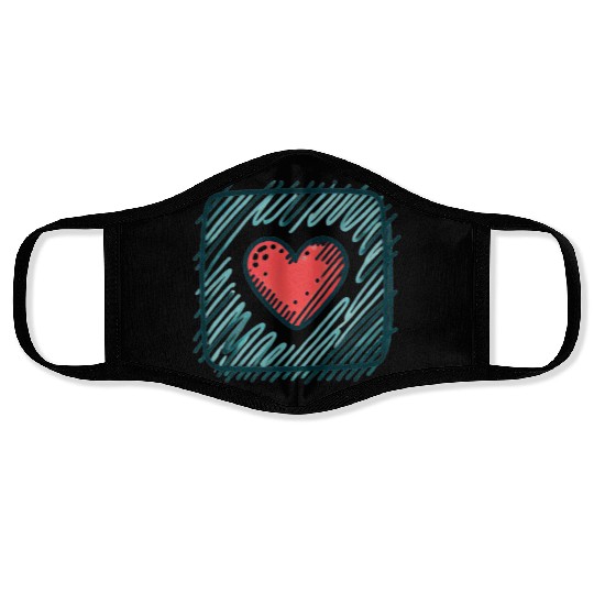 Valentine's Day Doodle: Red Heart in a Blue Square Face Masks