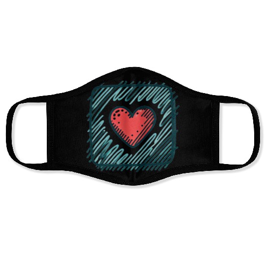 Valentine's Day Doodle: Red Heart in a Blue Square Face Masks