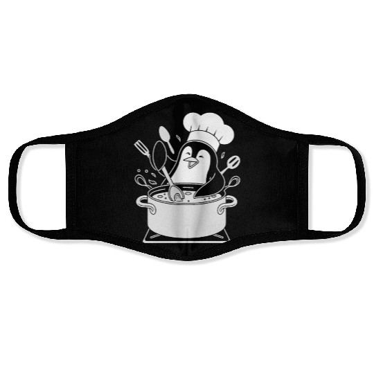 Chef Penguin Cooking with Utensils in Pot Face Masks