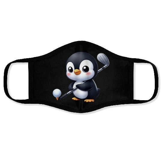 Cute Penguin Golfer Cartoon Quirky Funny Face Masks