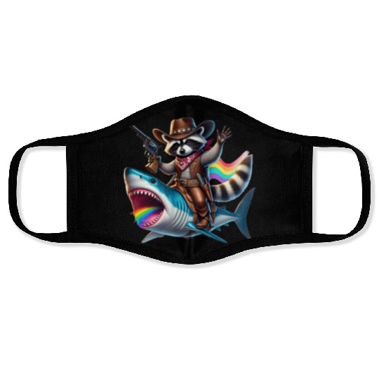 Funny Vintage Cowboy Raccoon Shark Rainbow Art Face Masks