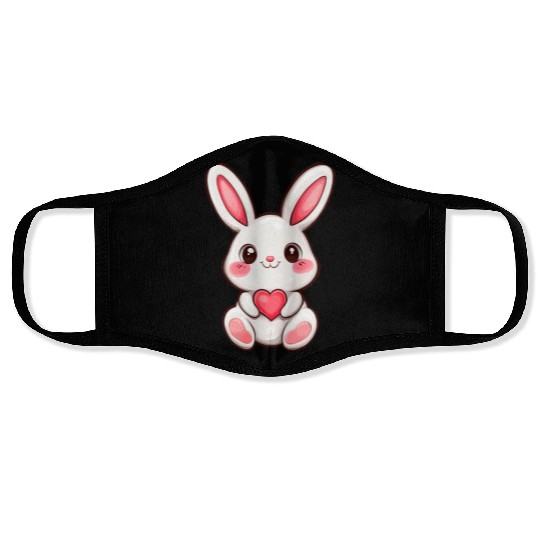Sweet bunny embracing a heart in its paws Face Masks