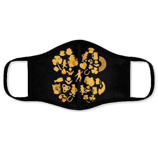 Gold 4-Leaf Clover Collage graphic Design Face Masks