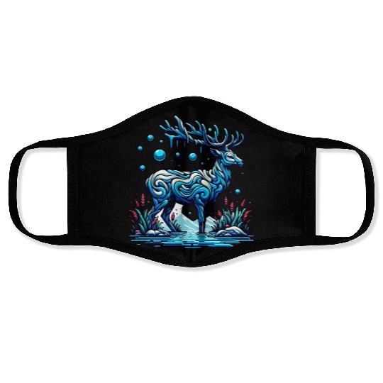 Majestic Blue Deer in Enchanted Forest Face Masks
