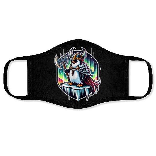 Viking Penguin Conquering Northern Lights Face Masks