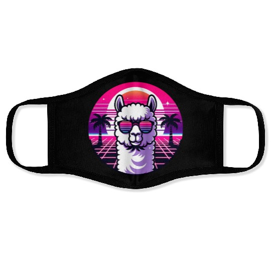 Retro Sunset Llama with Sunglasses in Neon Vibes Face Masks