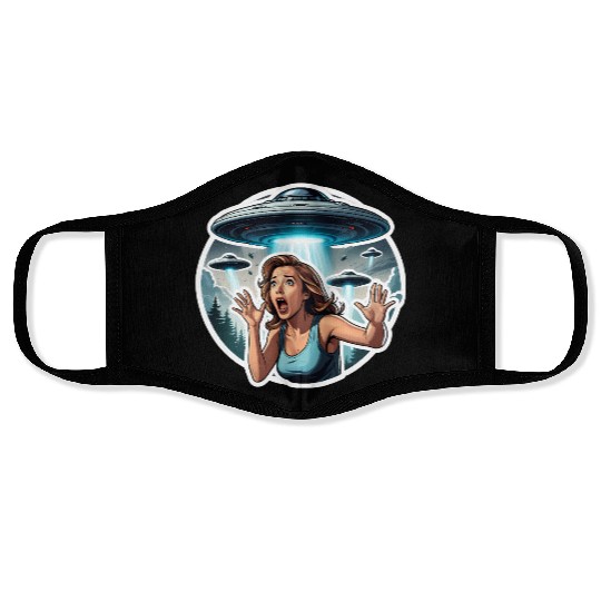 Alien Invasion: woman in running for her life Face Masks