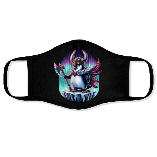 Viking Penguin Warrior Under Northern Lights Face Masks