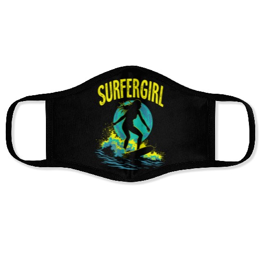 Surfer Girl Female Surfer Surfing Waves Face Masks