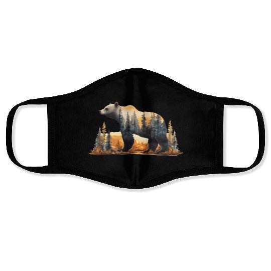 Grizzly Bear Watercolor Illustration Face Masks