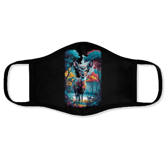 Deer in the forest 7 rounded borders Face Masks