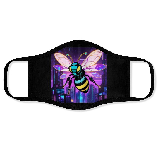A bee cyberpunk-style with glowing neon stripes Face Masks