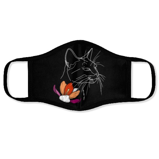Lesbian Pride Cat with Floral Line Art LGBTQ Face Masks