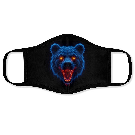 BEAR Roaring in fluo blue with yellow eyes Face Masks