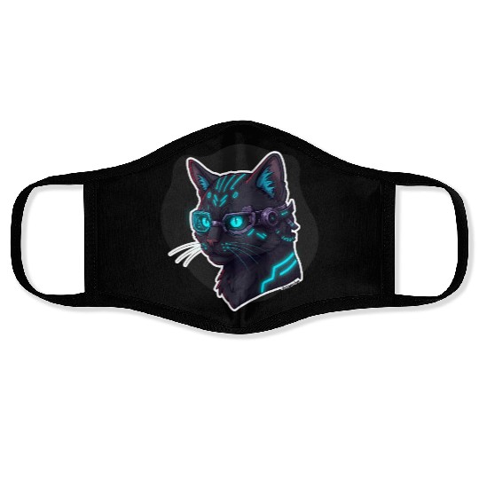 Badass Cat Cyberpunk – Neon Feline from the Future Face Masks