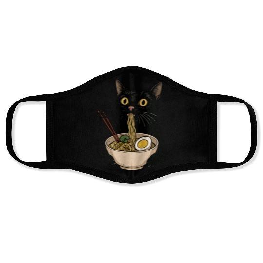 Black Cat Eating Ramen Noodles, Cute Japanese Food Face Masks