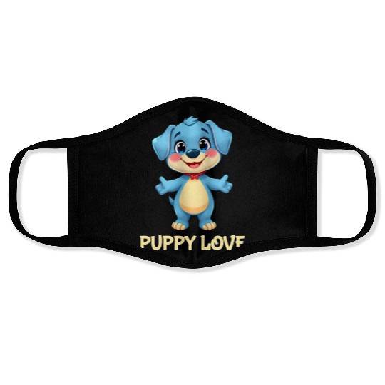 Blue Puppy Love Cartoon - Playful Pet Character Face Masks