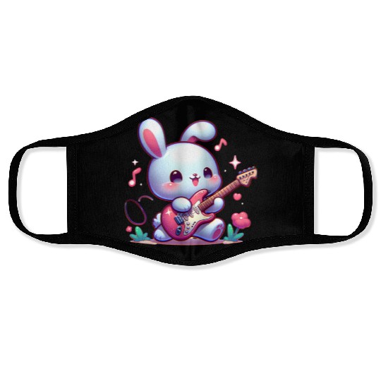 Rabbit play eletric guitar Face Masks