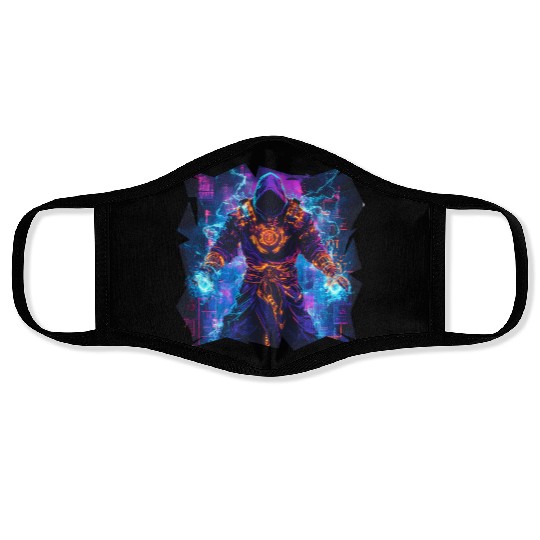 Bright Magician With Energy Aura In Neon Colors Face Masks