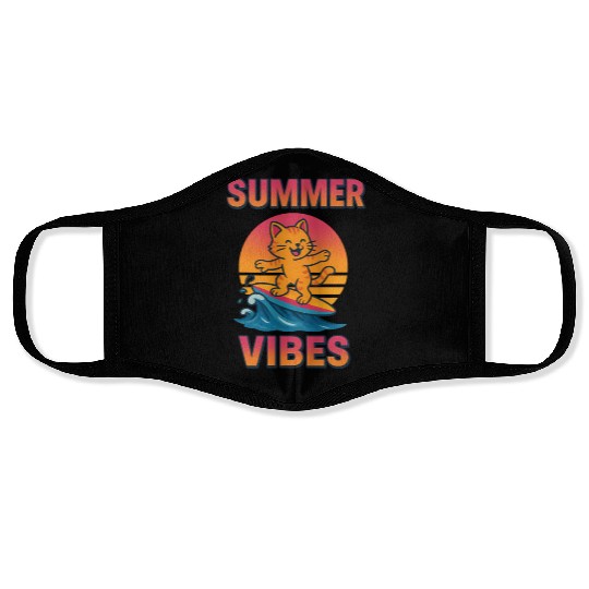 Summer Vibes Cat Surfing Sunset Face Masks