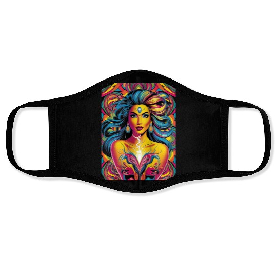 Vibrant Psychedelic Goddess Illustration Face Masks