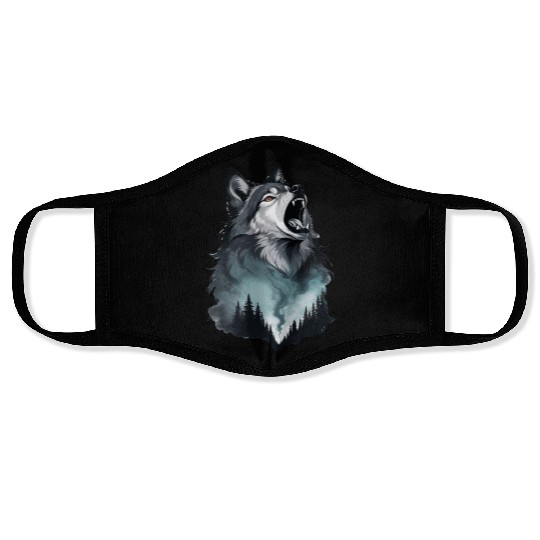 Howling Wolf Under the Northern Sky Face Masks