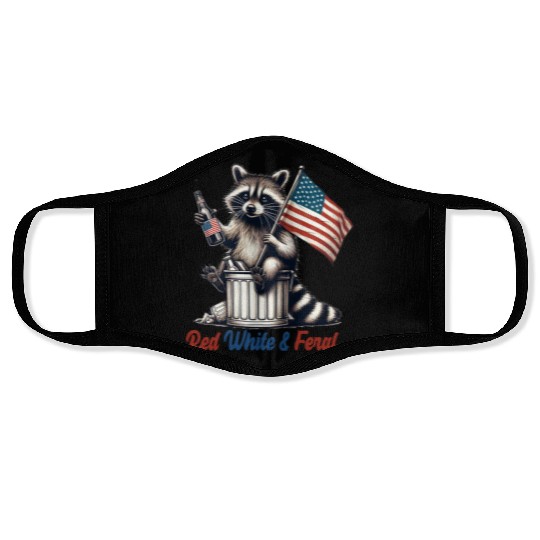Red White and Feral Raccoon 4th July Face Masks