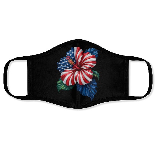 Hibiscus Flower Patriotic American Flag 4th Face Masks