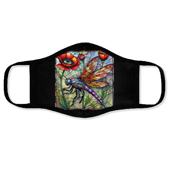 Dragonfly stained glass poppy flower insect eye Face Masks