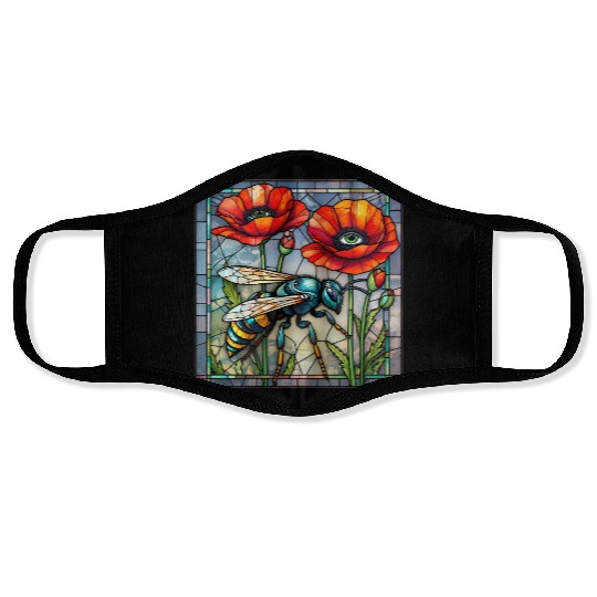 Wasp hornet bee stained glass vibrant poppy flower Face Masks