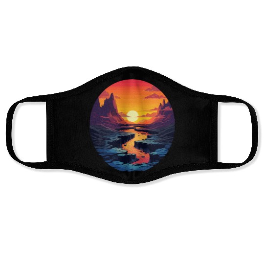 Sunset Mountain River Serenity Landscape Face Masks