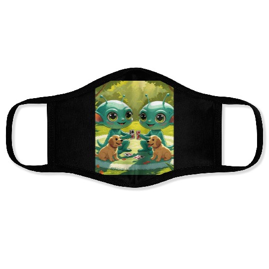 2 ALIENS WITH 2 PUPPIES PLAYING CARDS Face Masks