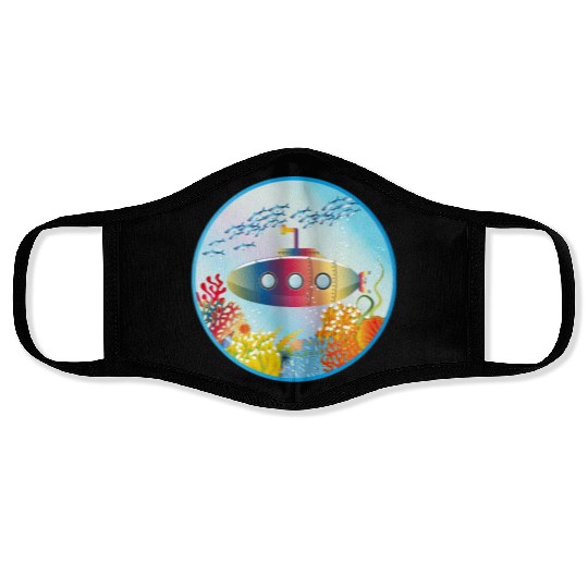 Colorful Submarine in a Tropical Coral Reef Face Masks