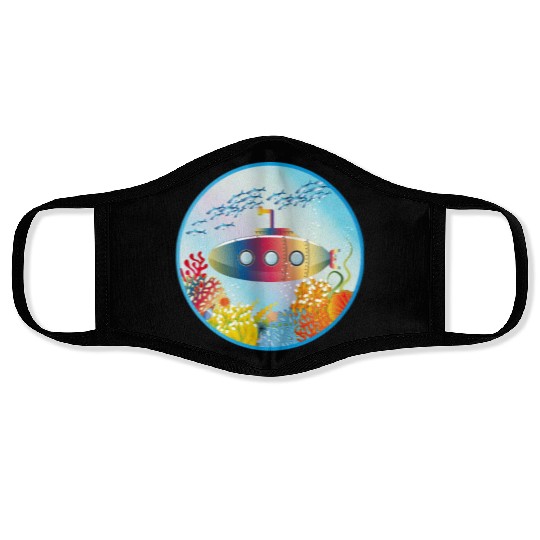 Colorful Submarine in a Tropical Coral Reef Face Masks