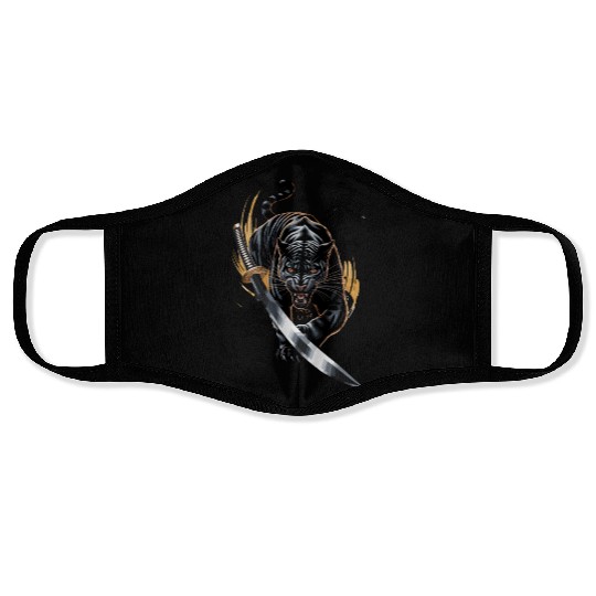 Fierce Black Panther With Samurai Sword Face Masks