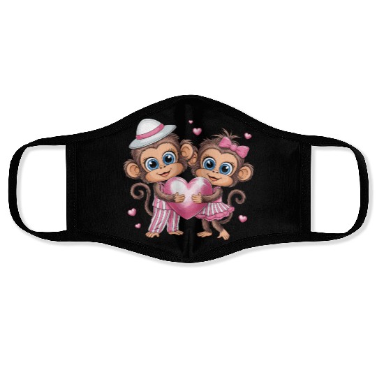 Adorable Monkey Couple with Heart and Pink Accents Face Masks