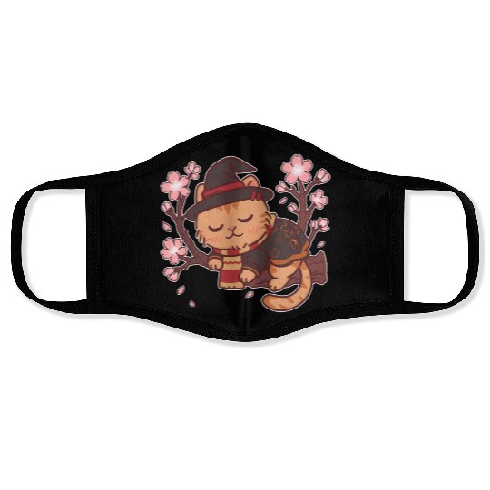 Cute Witch Cat with Cherry Blossoms Face Masks