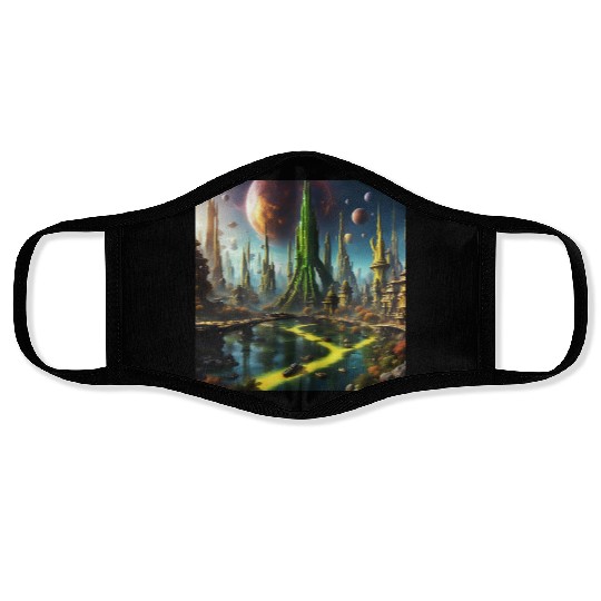 Alien World / Futuristic Sci-Fi Cityscape Face Masks