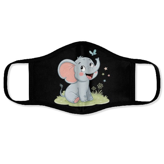 Playful Elephant with Butterflies and Flowers Face Masks