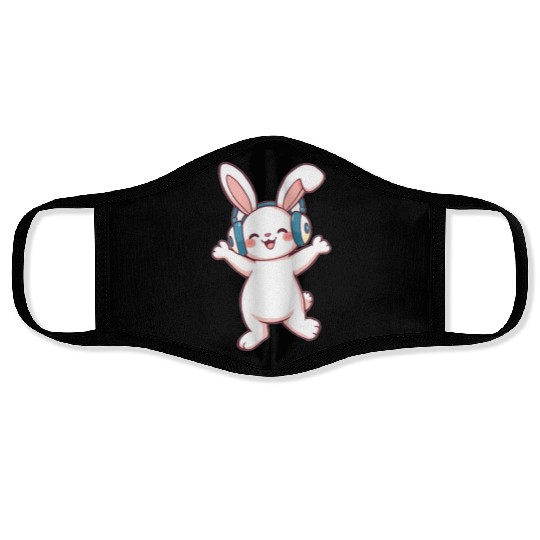 Joyful Bunny with Headphones Face Masks